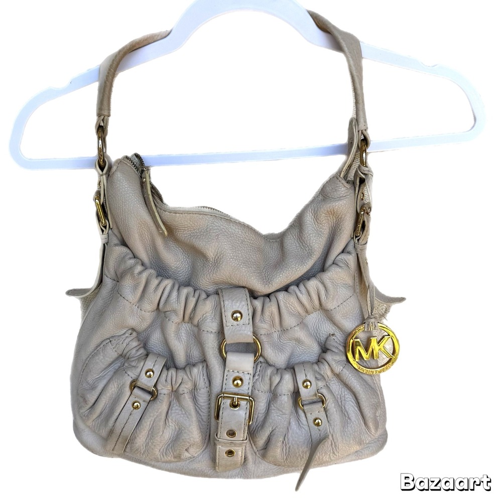 Michael Kors Leather Shoulder Bag Purse Hobo Satchel Jennings Neutral keychain - Picture 2 of 16